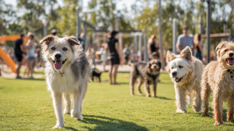 Best dog park near me showing dogs playing off-leash with owners socializing in well-maintained local park facility