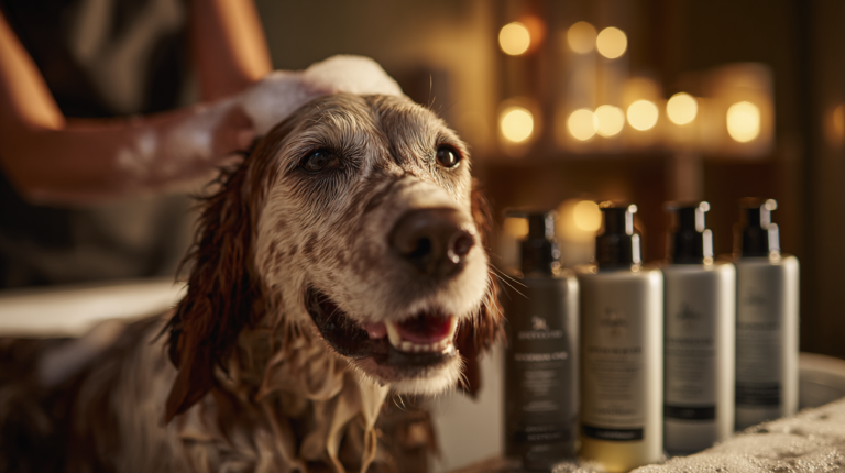 Happy dog enjoying gentle bath with best dog shampoos for healthy skin and fur maintenance