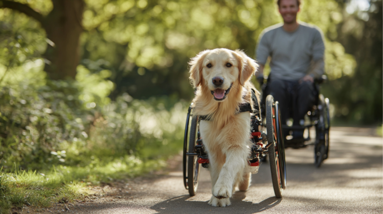 Happy dog using best dog wheelchair showing improved mobility and quality of life for pets with physical challenges