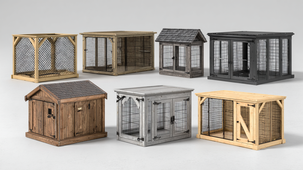 Best outdoor dog kennels comparison showing seven different styles including chain-link, wooden, and modular designs