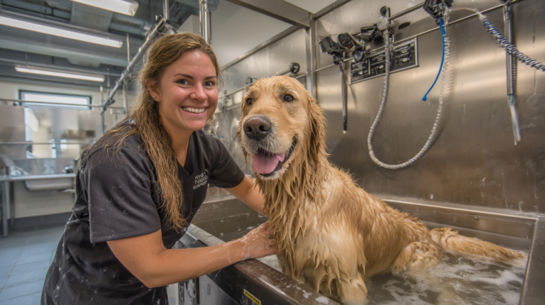 Dog owner using modern self dog wash facility showing convenient professional equipment and clean bathing stations