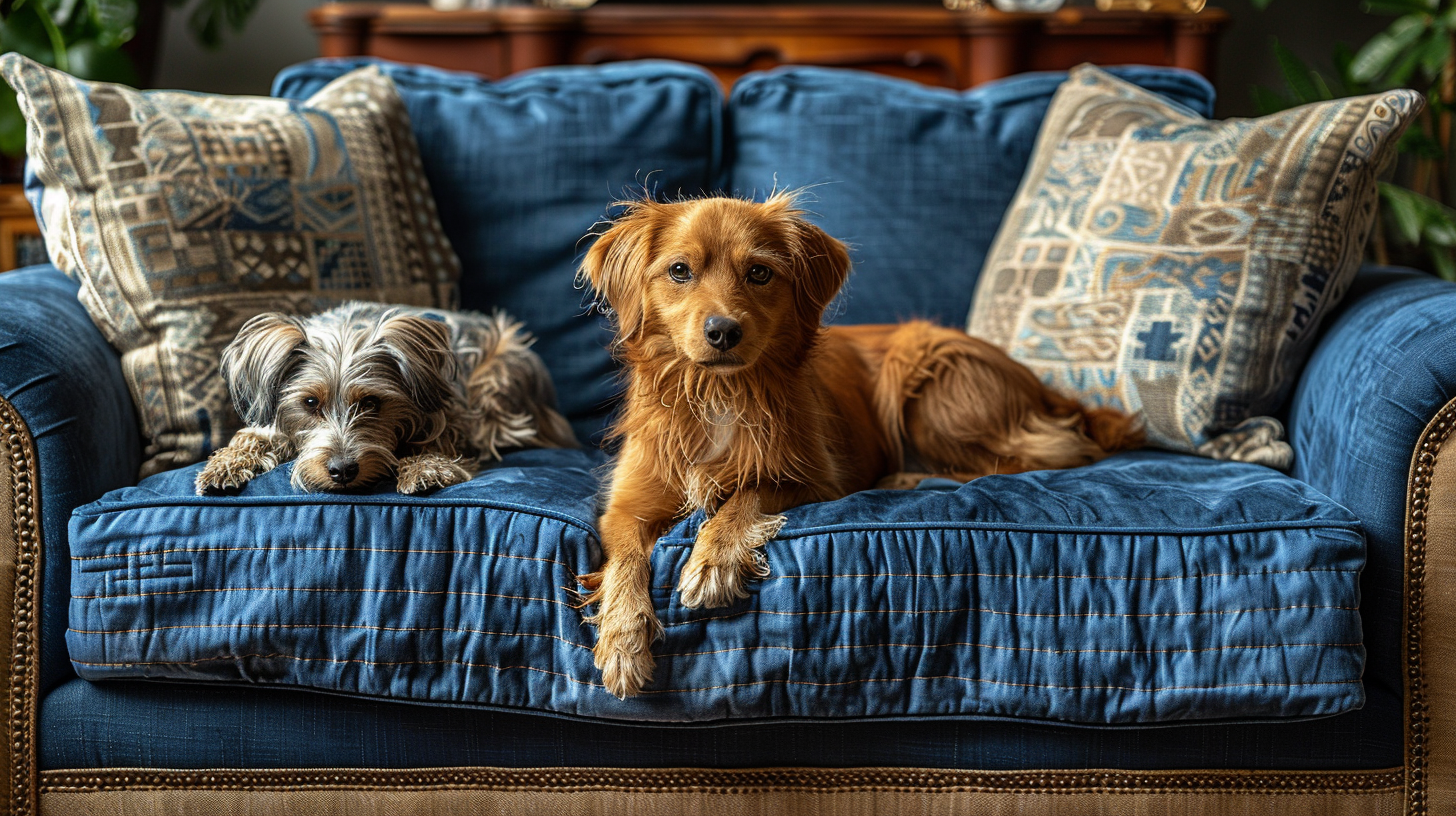 Stylish living room showing various sofa covers protecting furniture with pets comfortably lounging