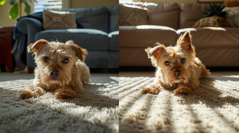 Bissell TurboClean PowerBrush Pet cleaning pet hair from carpet in modern home, showing impressive performance