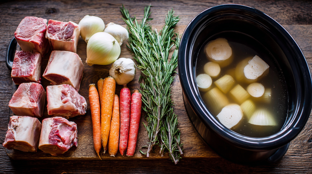 Bone broth for dogs showing homemade preparation with raw bones and vegetables for powerful nutritional benefits
