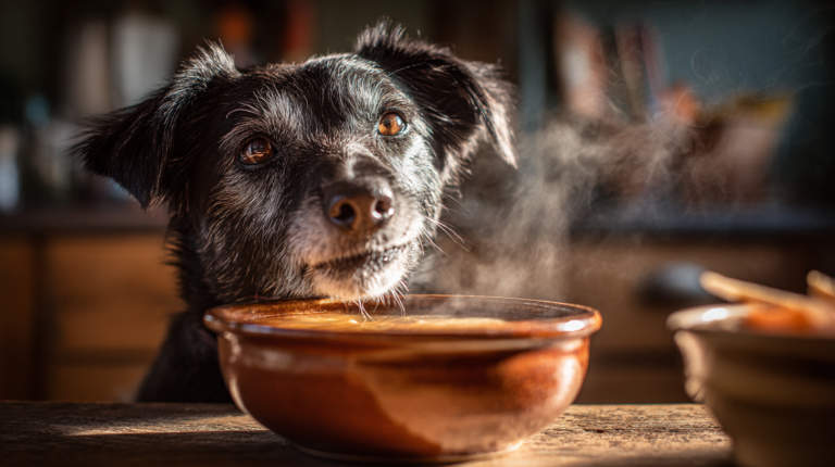 Enthusiastic dog enjoying warm bone broth showing powerful health benefits and nutritional satisfaction