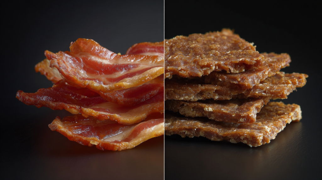 Can dogs eat bacon comparison showing fatty bacon versus healthy dog treat alternatives for safe pet nutrition
