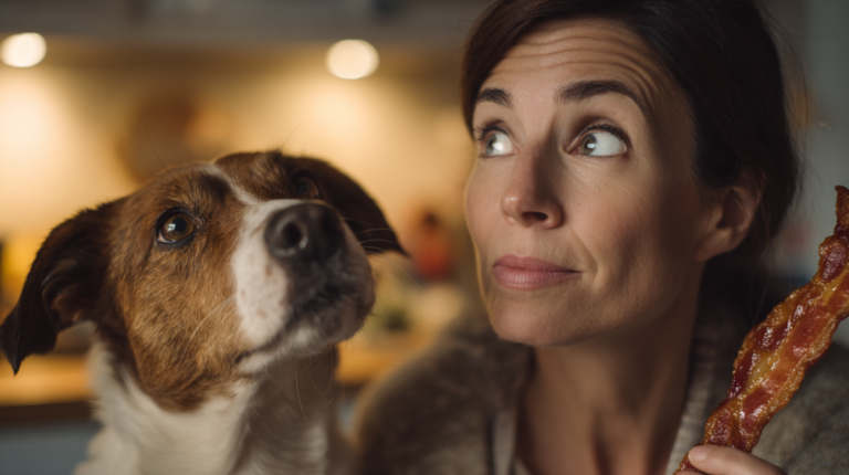Concerned dog owner holding bacon while dog looks up showing common pet safety dilemma about sharing human food