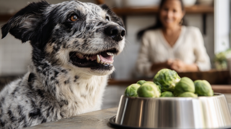 Happy dog safely eating Brussels sprouts from bowl showing healthy vegetable treats for pets with nutritional benefits