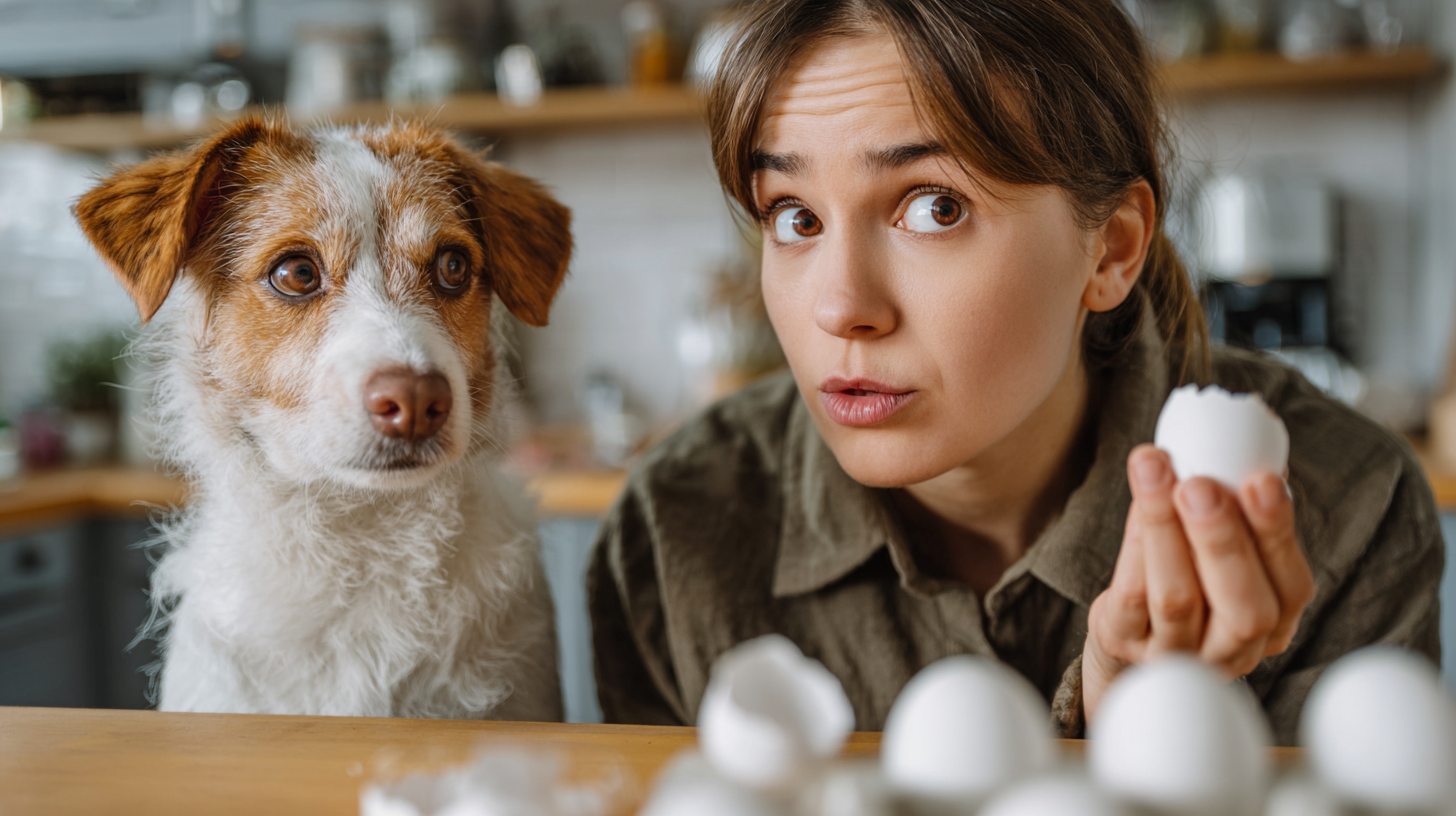 Concerned pet owner holding egg shells while curious dog shows interest, demonstrating alarming safety risks
