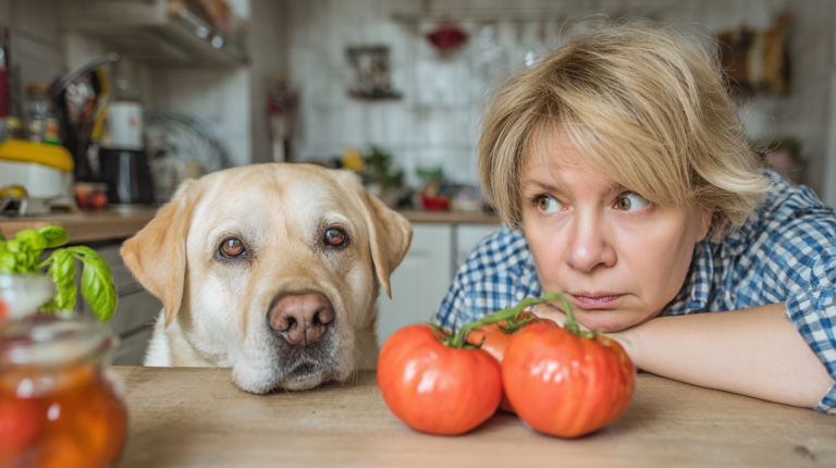 Cautious pet owner holding tomatoes while curious dog shows interest, demonstrating safety concerns about dogs and tomatoes