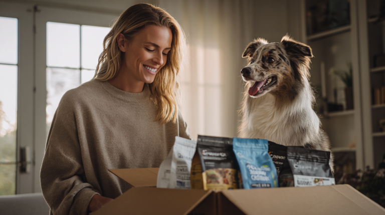 Happy dog owner receiving Chewy dog food delivery with excited pet showing convenient online shopping experience