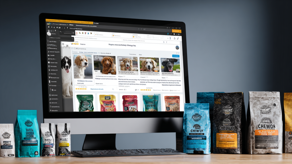 Chewy dog food website showing premium brand selection and customer reviews for informed online pet food shopping