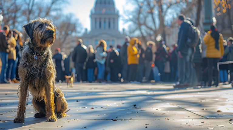 Colorado state capitol with pet owners advocating regarding pet registration bill in legislative setting
