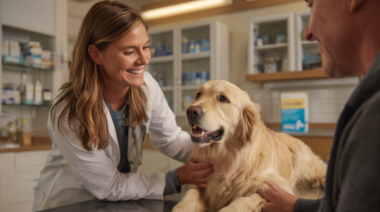 Veterinarian discussing Credelio for dogs treatment benefits with pet owner during professional consultation