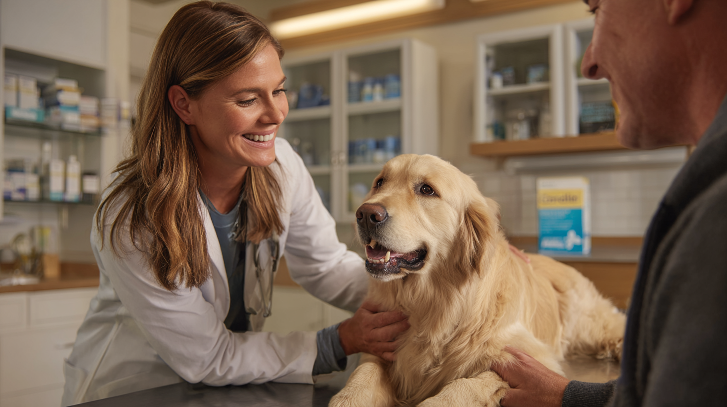 Veterinarian discussing Credelio for dogs treatment benefits with pet owner during professional consultation