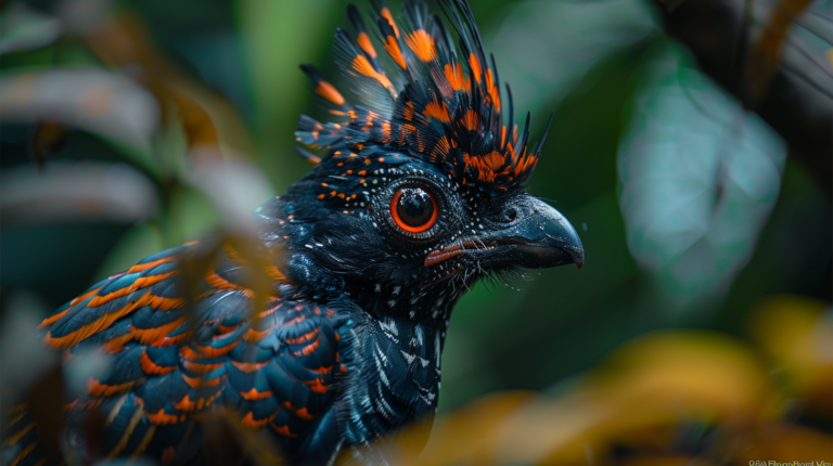 Crested woodland bird displaying prominent crest in dense forest habitat with stunning feather details