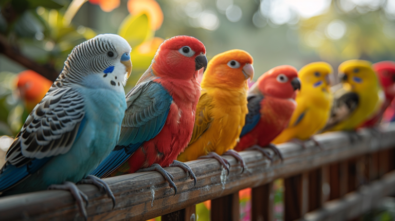 Collection of adorable pet birds including colorful parrots, canaries, and finches ranked by beauty and behavior
