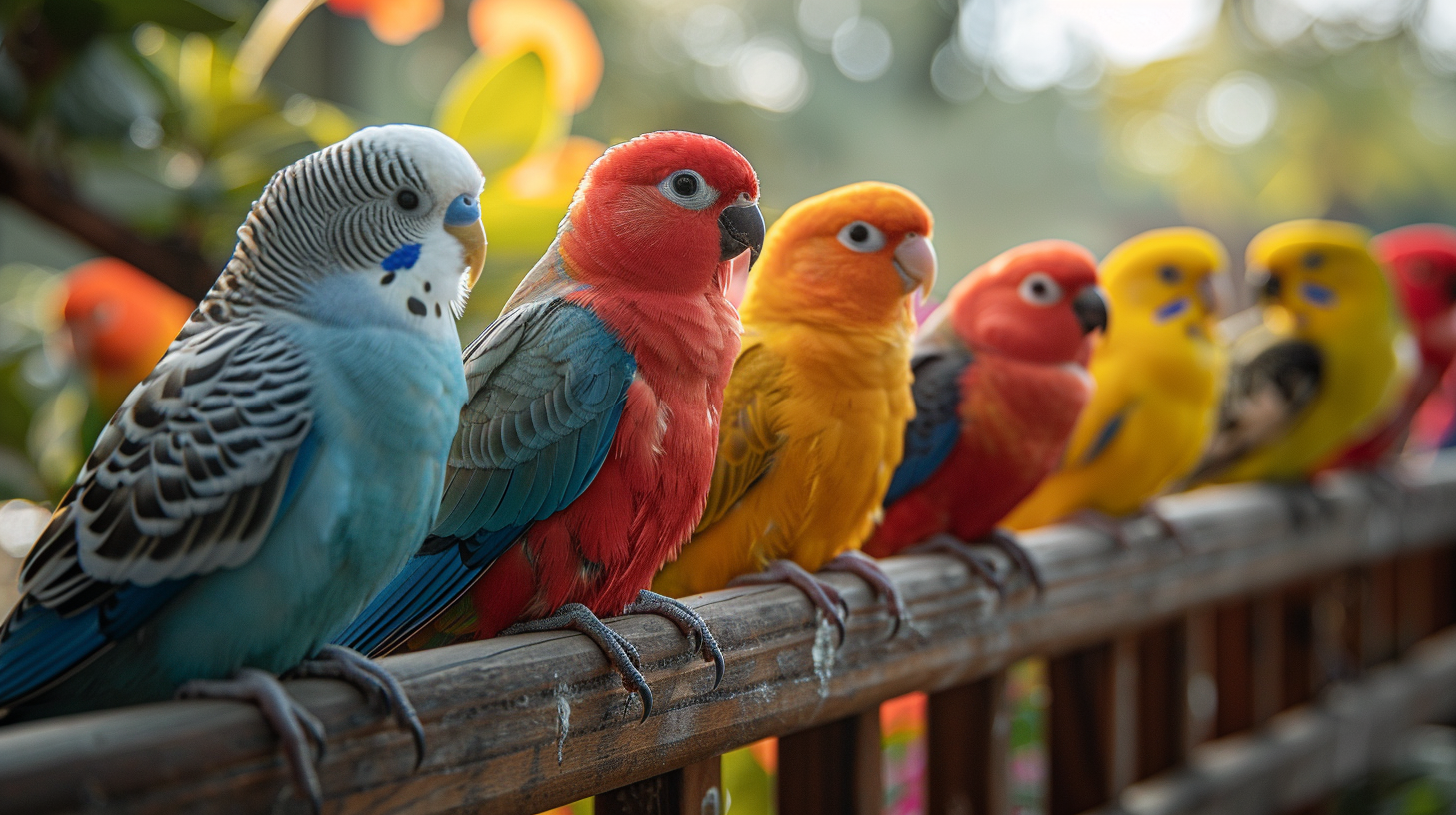 Collection of adorable pet birds including colorful parrots, canaries, and finches ranked by beauty and behavior