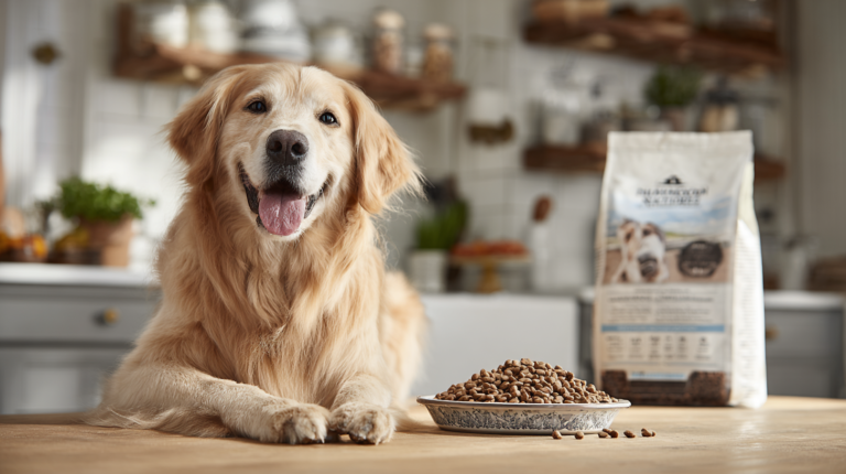Healthy dog with excellent condition enjoying Diamond Naturals dog food showing powerful nutrition benefits