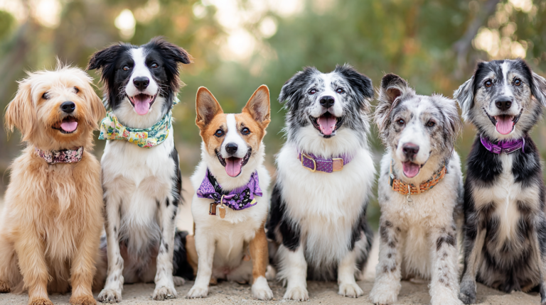 Dog and collars showing stylish collection on different breeds demonstrating proper fit and fashionable options