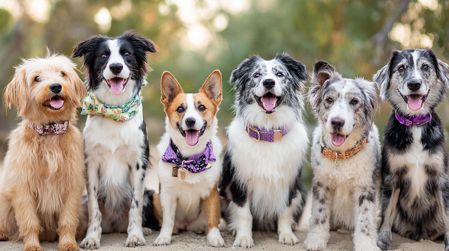 Dog and collars showing stylish collection on different breeds demonstrating proper fit and fashionable options