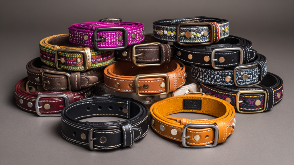 Dog and collars displaying ten stylish options including leather, fabric, and decorative designs for fashionable pets