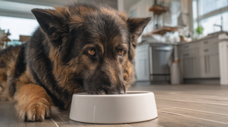 Happy dog eating from premium durable dog bowl showing perfect design features and practical functionality
