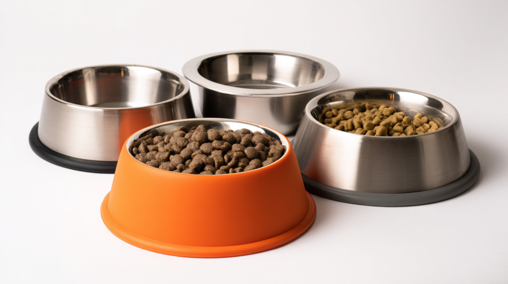 Dog bowl comparison showing four must-have features including stainless steel, non-slip base, and easy-clean design
