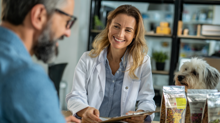 Professional dog food advisor consulting with pet owner about nutrition choices and ingredient selection for optimal pet health
