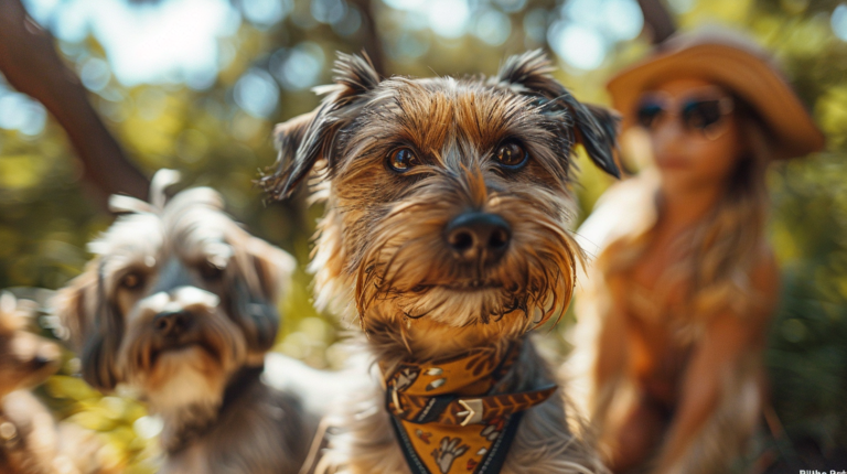 Multiple dog-friendly locations showing parks, cafes, and outdoor spaces where families enjoy activities with their dogs