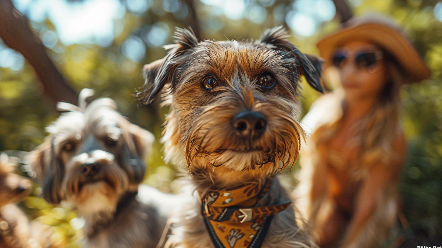 Multiple dog-friendly locations showing parks, cafes, and outdoor spaces where families enjoy activities with their dogs