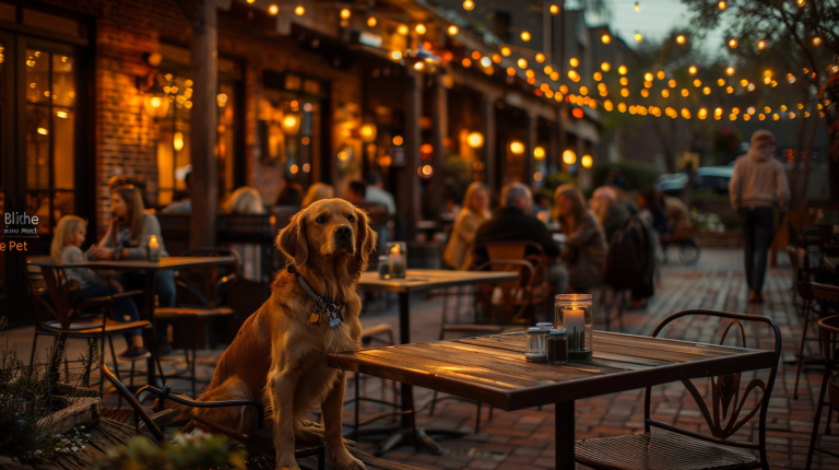 Dog-friendly restaurant patio with families dining alongside well-behaved dogs in upscale outdoor dining setting