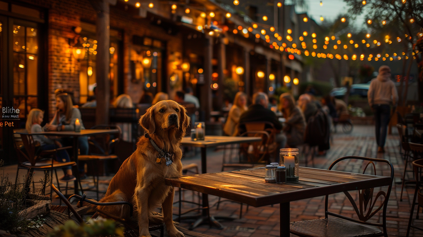 Dog-friendly restaurant patio with families dining alongside well-behaved dogs in upscale outdoor dining setting