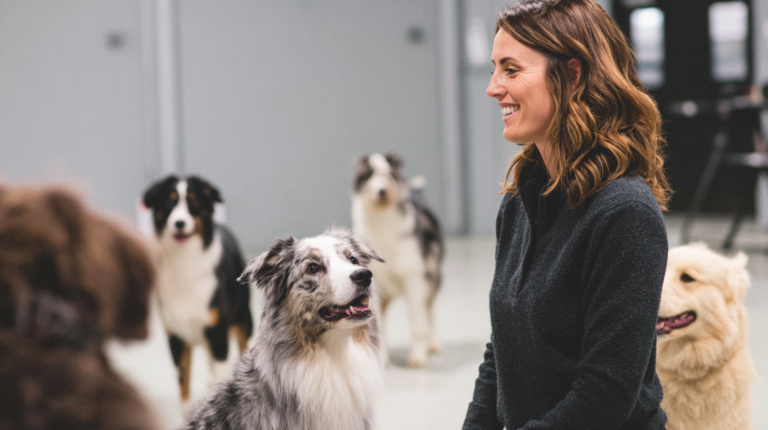 Professional dog obedience classes showing expert trainer with multiple dogs and owners in modern training facility