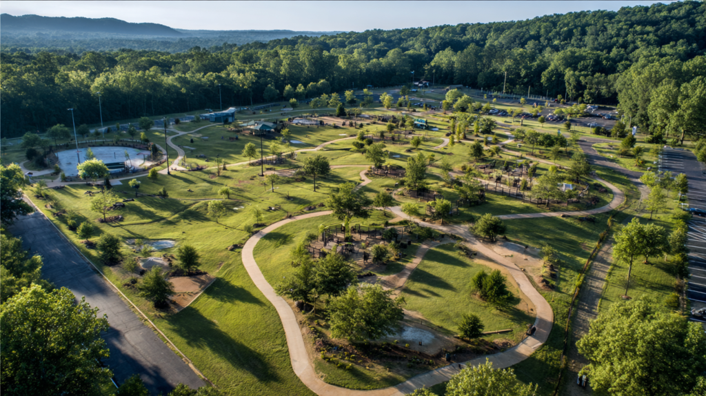 Dog park near me aerial view showing separate play areas, walking trails, and complete facilities for local pet owners