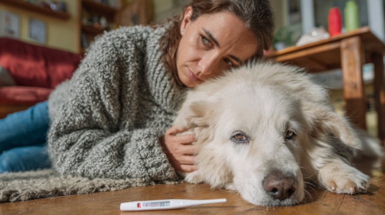 Concerned pet owner caring for sick dog showing symptoms requiring veterinary attention and health monitoring