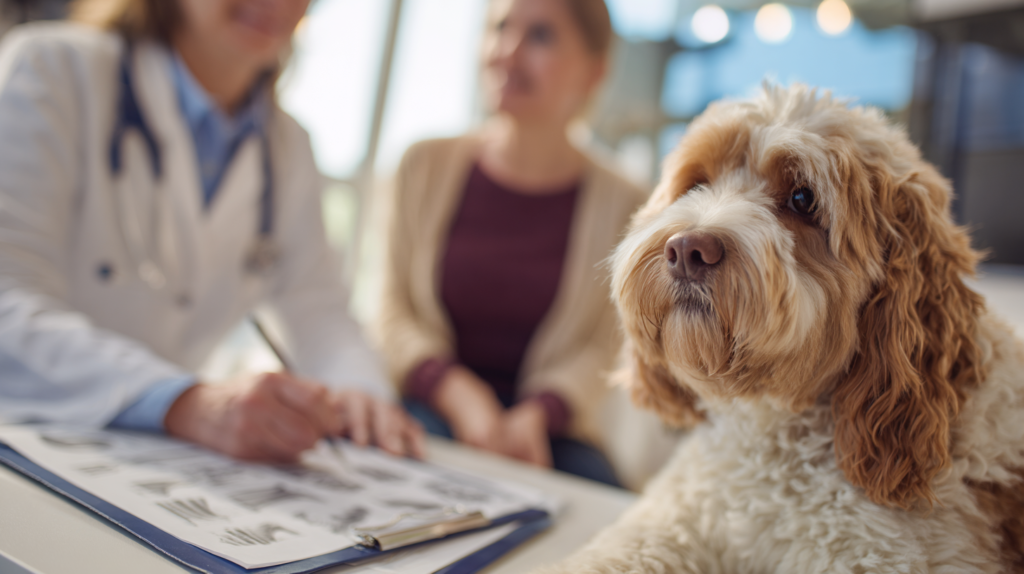Dog throwing up white foam veterinary consultation showing professional diagnosis and health examination process