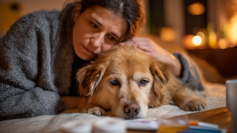 Worried pet owner comforting sick dog showing concerning symptoms requiring immediate veterinary attention