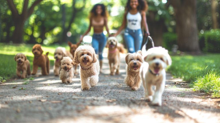 Professional dog walker with multiple dogs in park setting, demonstrating rewarding career opportunities