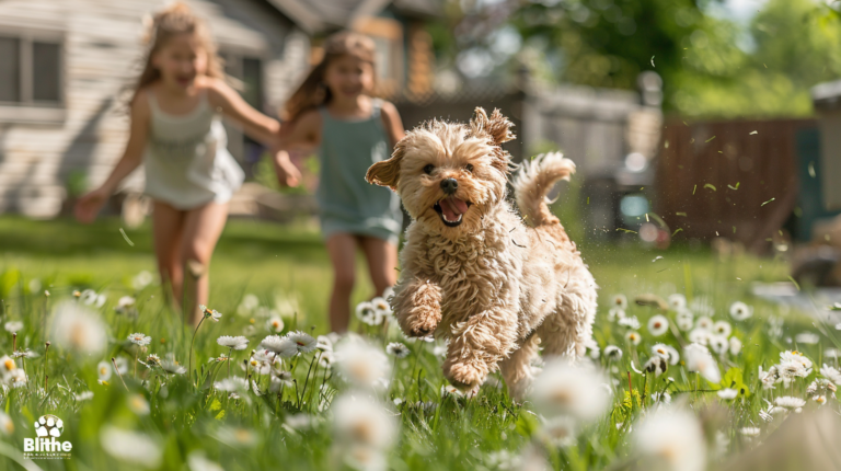 Happy Feist dog playing with children in backyard, demonstrating excellent family pet qualities and energetic nature