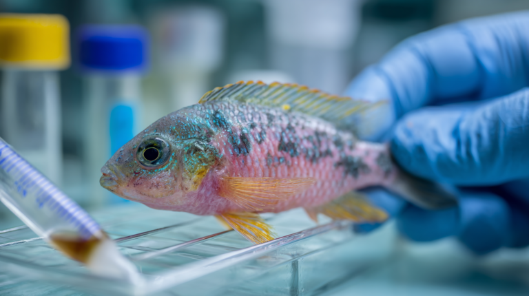Fish with bacterial infection receiving professional antibiotic treatment with bacterial testing and quarantine care