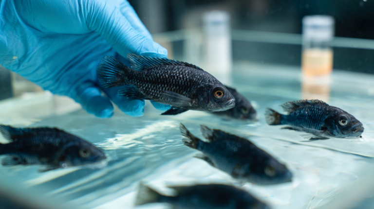 Fish with chemical poisoning symptoms receiving emergency aquatic care with water testing and chemical neutralization