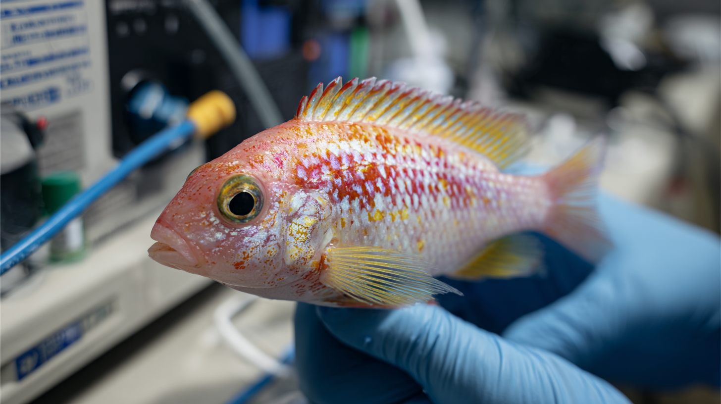 Fish with ich white spot disease receiving professional treatment with temperature control and ich medications