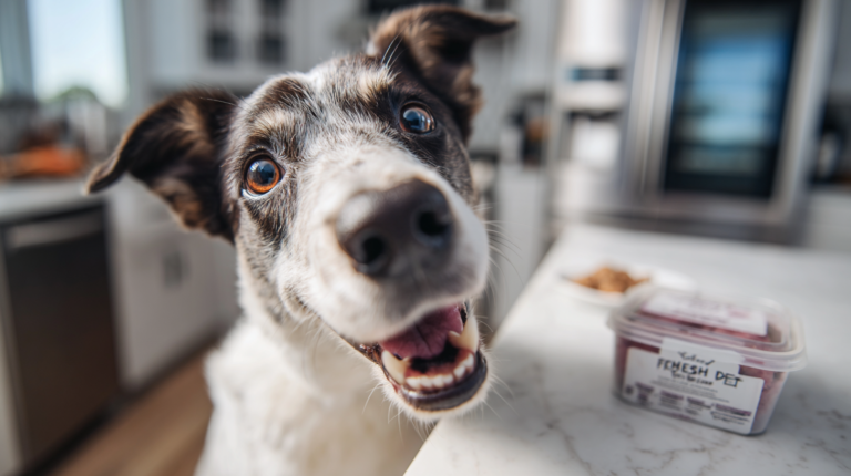 Excited dog anticipating Fresh Pet dog food showing enthusiasm for refrigerated fresh nutrition