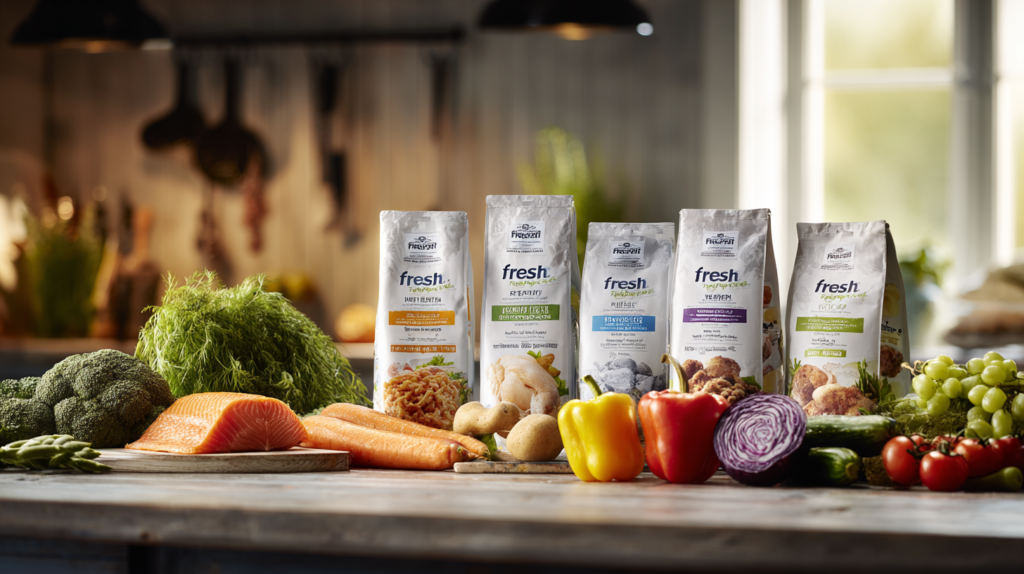 Fresh Pet dog food displaying real fresh ingredients including chicken and vegetables for refrigerated nutrition
