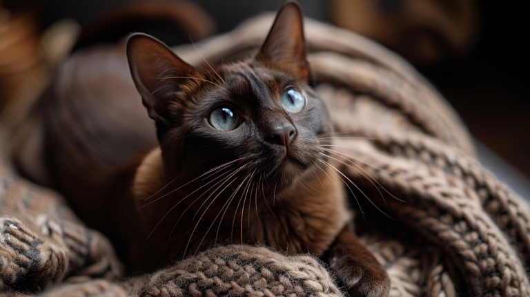 Beautiful Havana Brown cat with rich chocolate coat and striking green eyes in elegant home setting