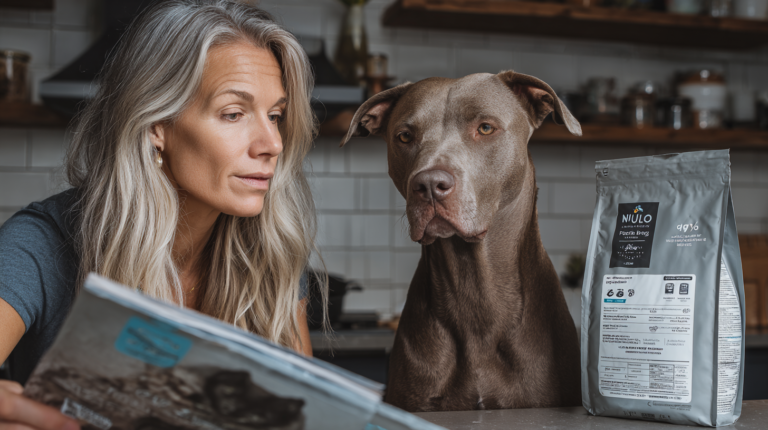 Thoughtful pet owner evaluating Nulo dog food packaging showing honest assessment of value and quality