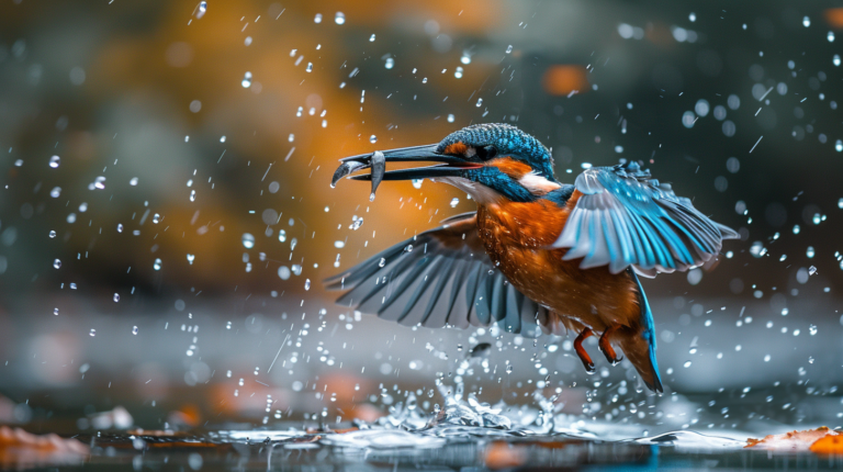 Kingfisher bird diving for fish showing brilliant blue plumage and natural fishing behavior in riverside habitat