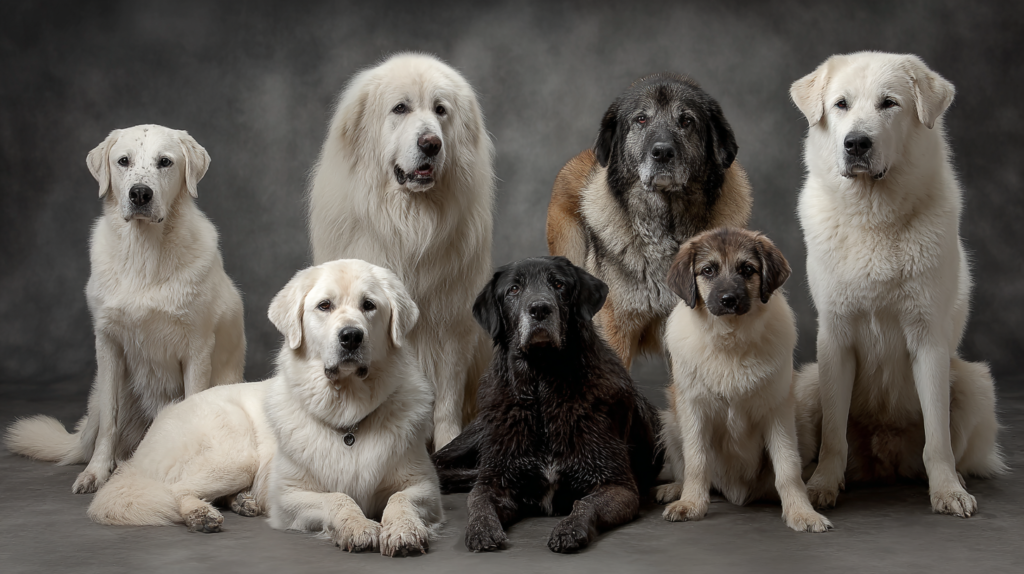 Livestock guardian dogs showing multiple breeds including Great Pyrenees and Anatolian Shepherd with distinctive protective traits