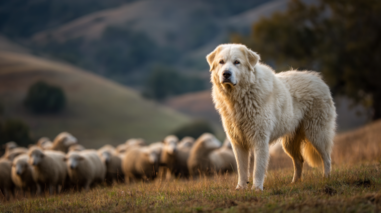 Majestic livestock guardian dog protecting sheep showing powerful traits and alert protective behavior in farm setting